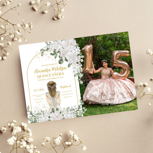 Quinceaera Floral White Gold Dress 15th Birthday Invitation