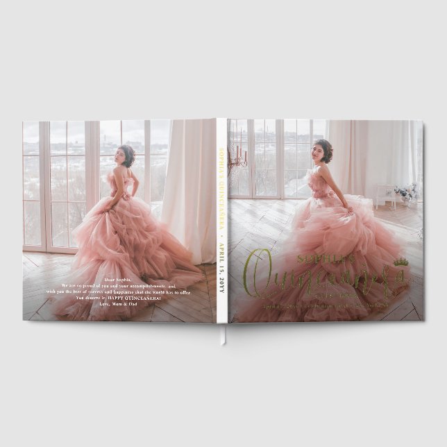 Quinceañera Front Back Photos Modern Trendy Script Foil Guest Book (Full)