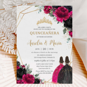 Quinceañera Fuchsia Black Floral Twins Gold Invitation