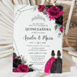 Quinceañera Fuchsia Black Floral Twins Silver Invitation<br><div class="desc">Personalize this lovely quinceañera twins invitation with your own wording easily and quickly. Click the Edit Using Design Tools button to further edit the text, wording, font style, font size, font color, add more text, move or remove some images. The quince girls and crown are movable, resizable, multipliable and removable....</div>
