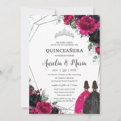 Quinceaera Fuchsia Black Floral Twins Silver Invitation