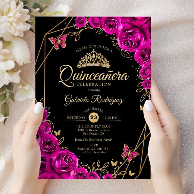Quinceanera Fuchsia Pink Black Gold Floral Invitation (Creator Uploaded)