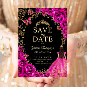 Quinceanera Fuchsia Pink Black Gold Save The Date