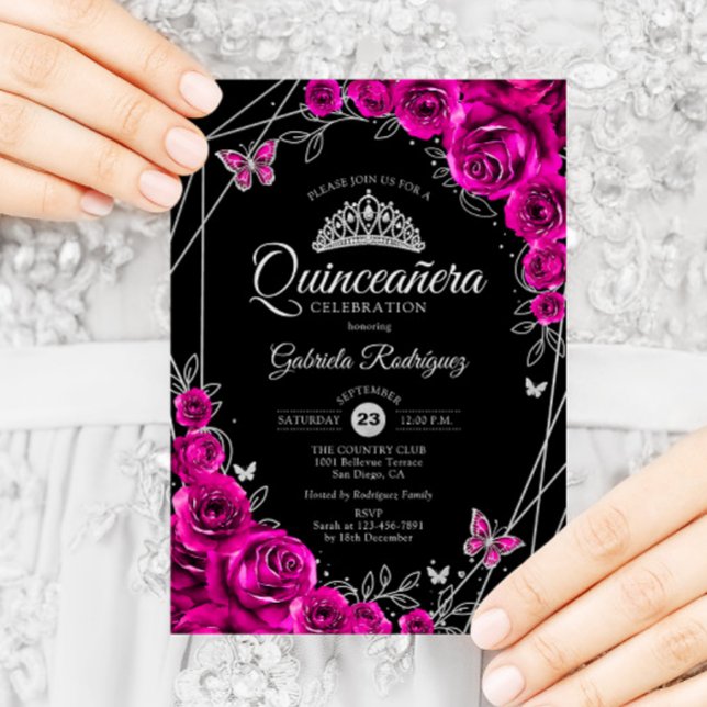 Quinceanera Fuchsia Pink Black Silver Floral Invitation (Creator Uploaded)