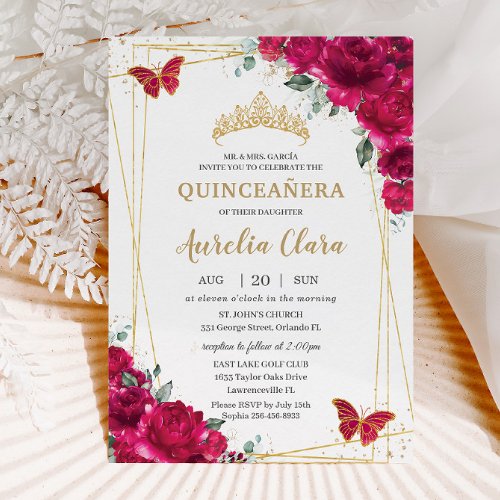 Quinceaera Fuchsia Pink Floral Butterflies Tiara Invitation