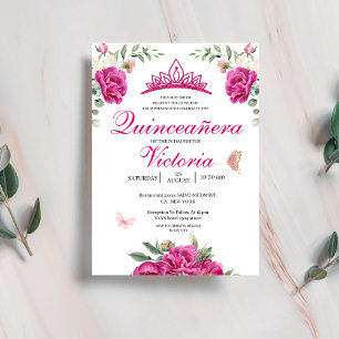 Quinceañera Fuchsia Pink Floral butterfly crown Invitation