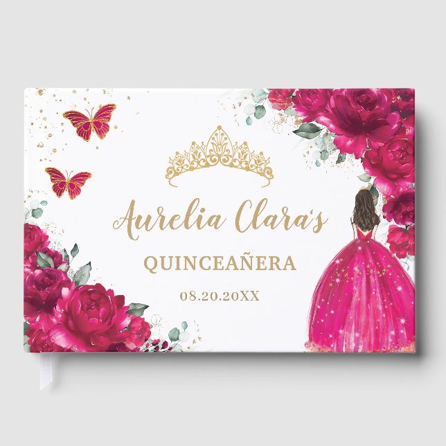 QUINCEAÑERA Fuchsia Pink Floral Flowers Princess  Guest Book (Front)