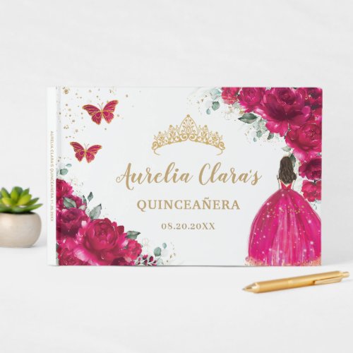 QUINCEAERA Fuchsia Pink Floral Flowers Princess  Guest Book