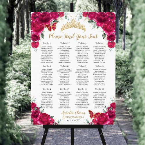 Quinceaera Fuchsia Pink Floral Gold Seating Chart Foam Board