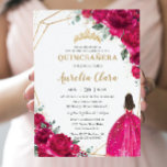Quinceañera Fuchsia Pink Floral Princess Gown Gold Invitation<br><div class="desc">Personalize this lovely quinceañera invitation with own wording easily and quickly,  simply press the customize it button to further re-arrange and format the style and placement of the text.  Matching items available in store!  (c) The Happy Cat Studio</div>