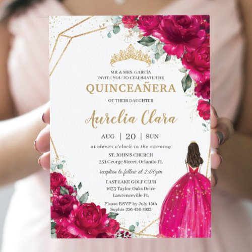 Quinceaera Fuchsia Pink Floral Princess Gown Gold Invitation