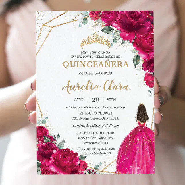 Quinceañera Fuchsia Pink Floral Princess Gown Gold Invitation | Zazzle