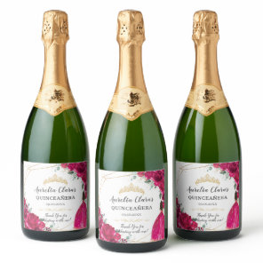 Quinceañera Fuchsia Pink Floral Princess Gown Gold Sparkling Wine Label