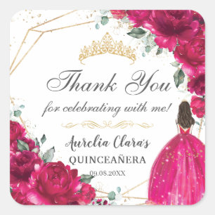 Quinceañera Fuchsia Pink Floral Princess Gown Gold Square Sticker