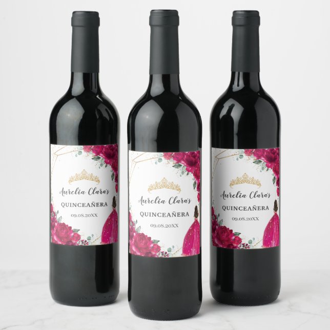 Quinceañera Fuchsia Pink Floral Princess Gown Gold Wine Label (Bottles)