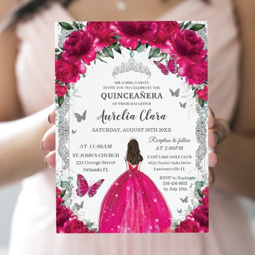 Quinceaera Fuchsia Pink Floral Vintage Silver Invitation