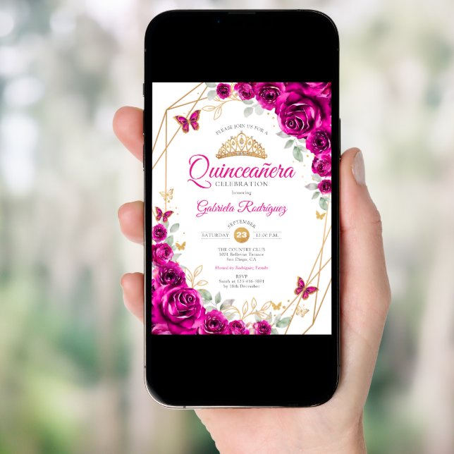 Quinceanera Fuchsia Pink Gold Floral Invitation (Front Digital)