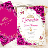 Quinceanera Fuchsia Pink Gold Floral
