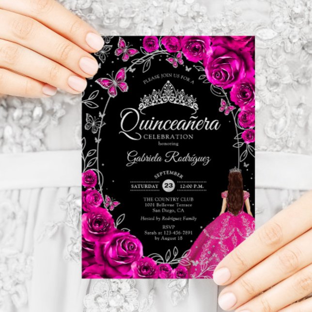 Quinceanera Fuchsia Pink Silver Black Invitation (Creator Uploaded)