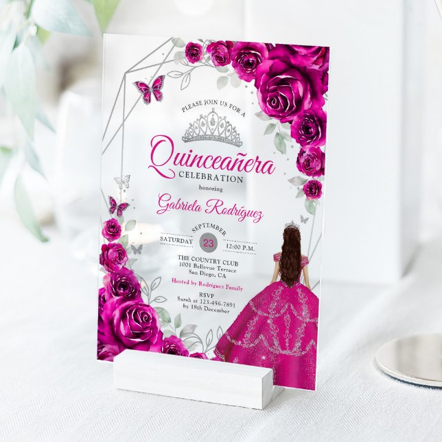 Quinceanera Fuchsia Pink Silver Dress Acrylic Invitations (Creator Uploaded)