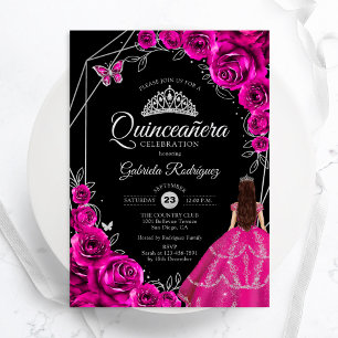 Quinceanera Fuchsia Pink Silver Dress Floral Invitation