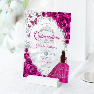 Quinceanera Fuchsia Pink Silver Floral Acrylic Invitations
