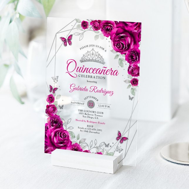 Quinceanera Fuchsia Pink Silver Floral Acrylic Invitations (Creator Uploaded)