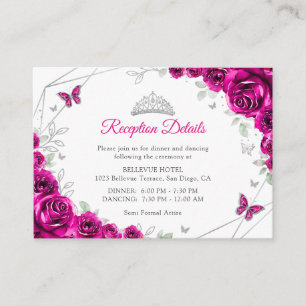 Quinceanera Fuchsia Pink Silver Floral Details Enclosure Card