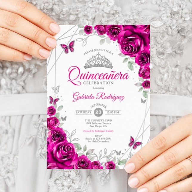 Quinceanera Fuchsia Pink Silver Floral Invitation (Creator Uploaded)