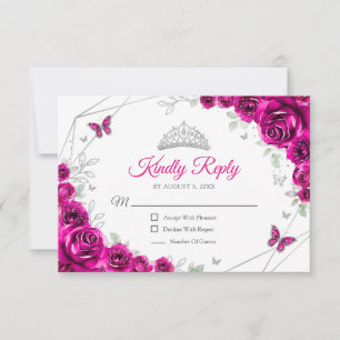 Quinceanera Fuchsia Pink Silver Floral Reply RSVP Card