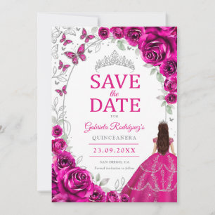 Quinceanera Fuchsia Pink Silver Floral Save The Date