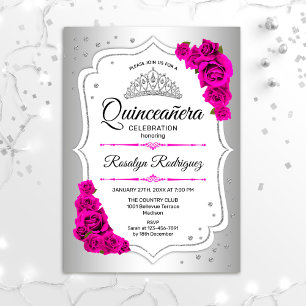 Quinceanera Fuchsia Pink Silver Invitation