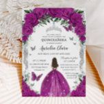 Quinceañera Fuchsia Roses Floral Vintage Silver Invitation<br><div class="desc">Personalize this lovely quinceañera invitation with own wording easily and quickly,  simply press the customize it button to further re-arrange and format the style and placement of the text.  Matching items available in store!  (c) The Happy Cat Studio</div>