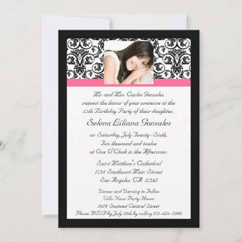 Quinceanera Fushcia Damask Pink and Black Personalized Invite