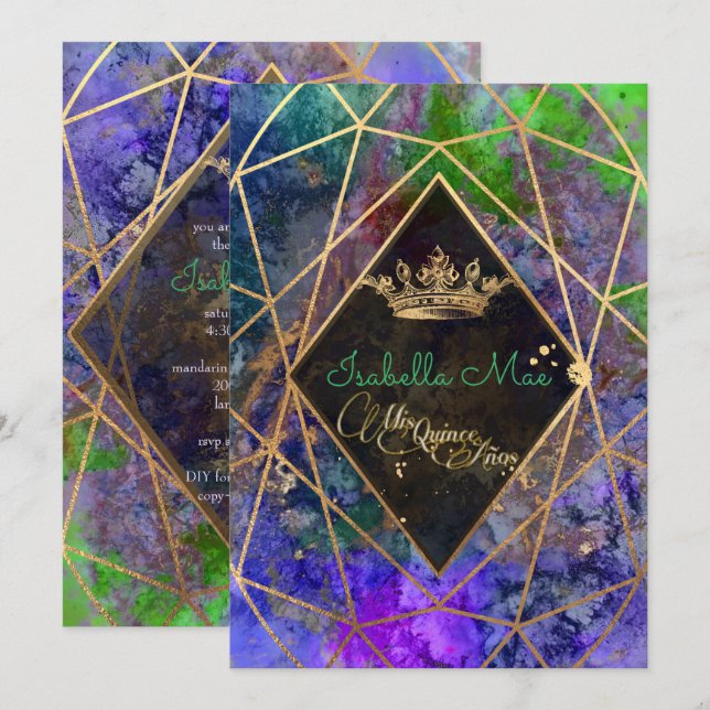 Quinceanera/Galaxy/Neon Purple/Princess/Crown Invitation (Front/Back)