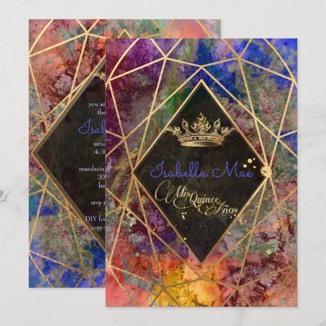 Quinceanera/Galaxy/Neon Purple/Princess/Crown Invitation (Front/Back)