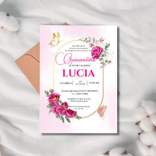 Quinceañera Geometric Pink Fuchsia Floral Gold Invitation