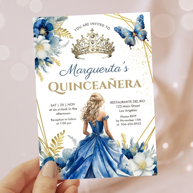 Quinceañera Girl Blue Gold Tiara Floral Butterfly Invitation (Creator Uploaded)