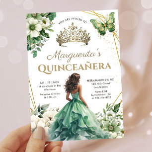 Quinceañera Girl Green Gold Tiara Floral Butterfly Invitation