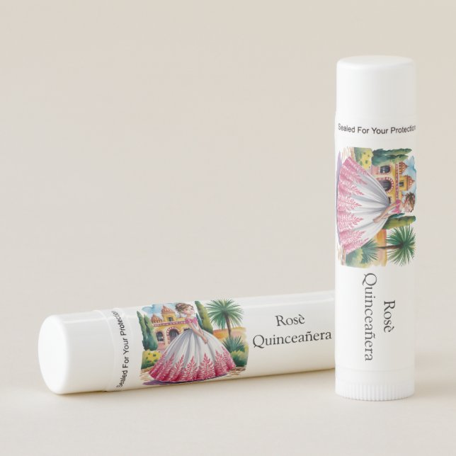 Quinceañera Girl in Pink and White Gown Favor Lip Balm (Front)