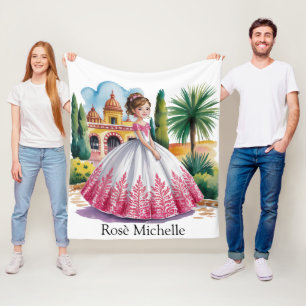 Quinceañera Girl in Pink and White Gown Gift Fleece Blanket