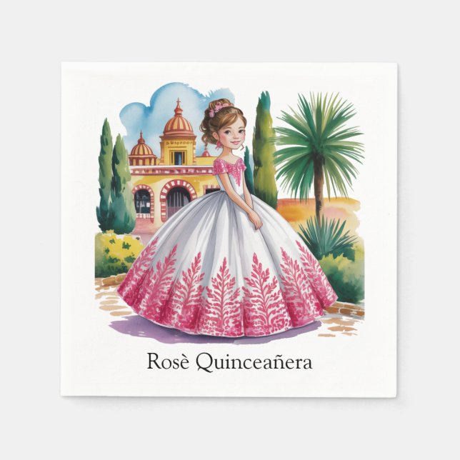 Quinceañera Girl in Pink and White Gown  Napkins (Front)