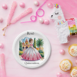 Quinceañera Girl in Pink and White Gown Paper Plates