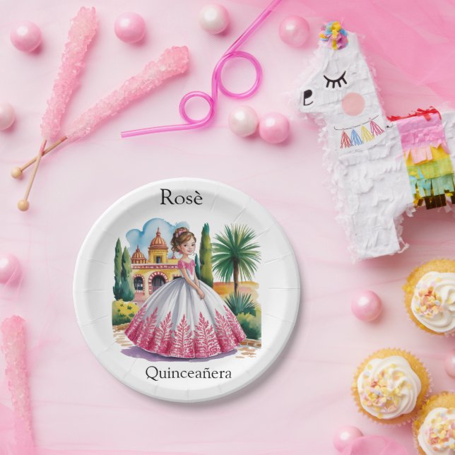 Quinceañera Girl in Pink and White Gown  Paper Plates (Party)