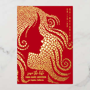 Quinceañera Girl Silhouette Gold Hearts Red Real Foil Holiday Card