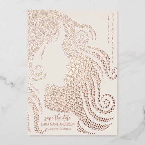 Quinceaera Girl Silhouette Pink Foil Hearts Ivory Foil Holiday Card