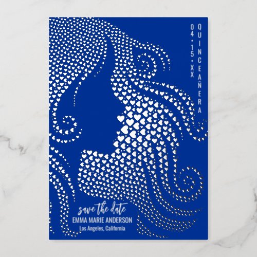 Quinceaera Girl Silhouette Silver Hearts Blue Foil Holiday Card