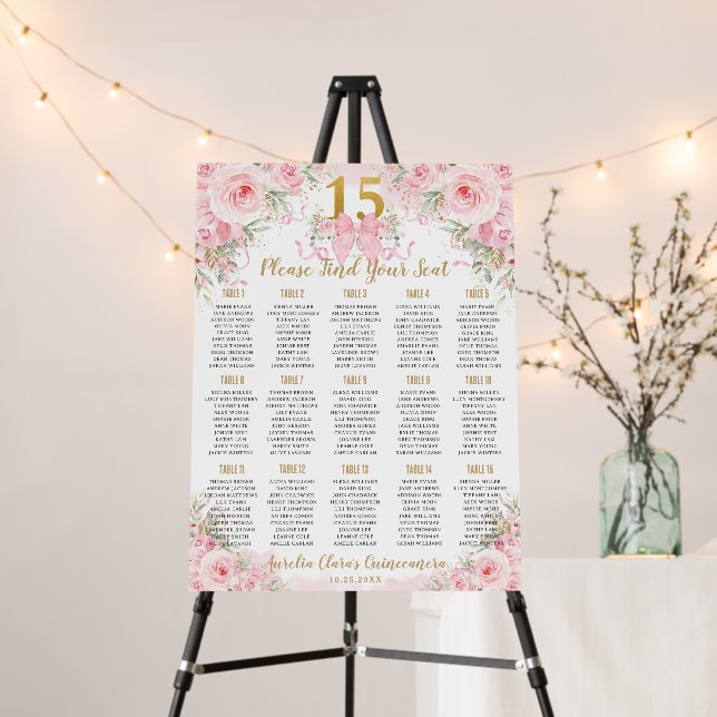 Quinceañera Girly Pink Floral Bows Seating Chart Foam Board (In Situ (Stand))