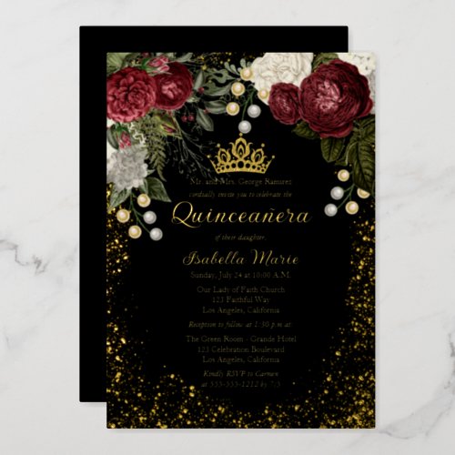 Quinceaera Glam Burgundy Rose Floral Birthday  Foil Invitation