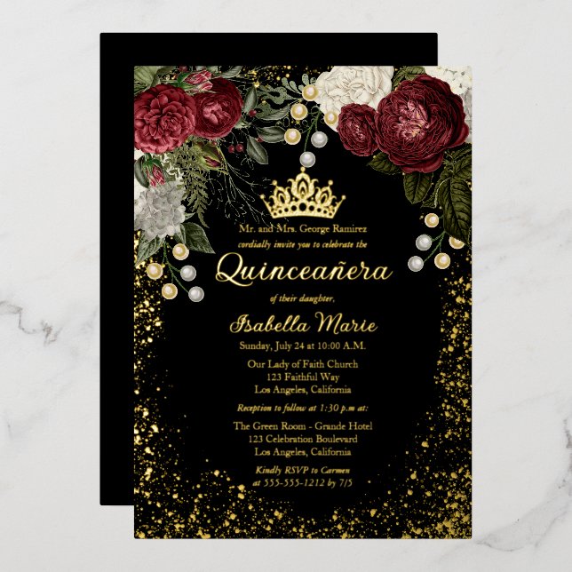 Quinceañera Glam Burgundy Rose Floral Birthday  Foil Invitation (Front/Back)